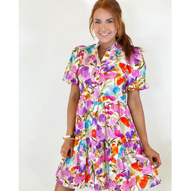  WATER COLOR BUTTON FRONT TIER DRESS