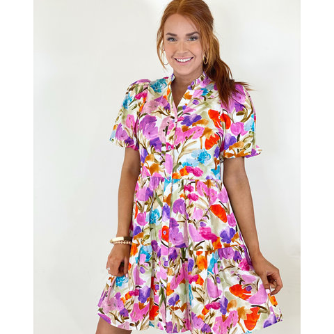 WATER COLOR BUTTON FRONT TIER DRESS
