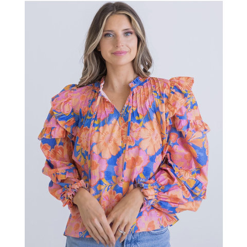 Blue Mix Floral Ruffle Slv Top