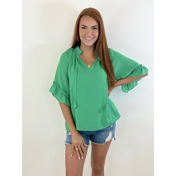  GREEN TIERED SLEEVE RUFFLES BLOUSE