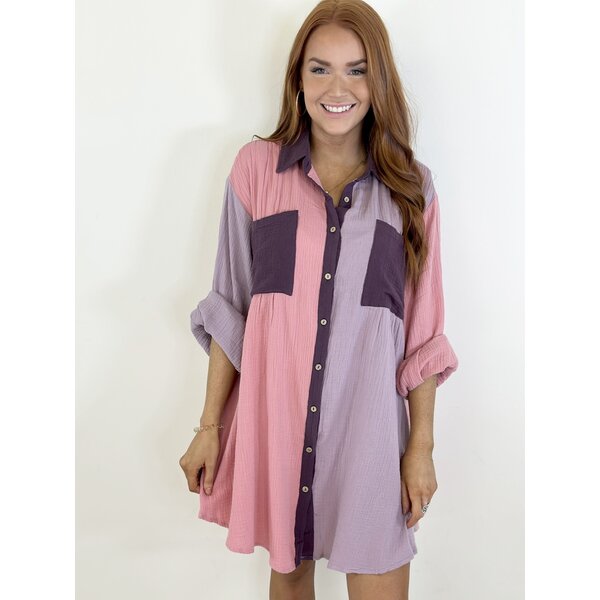  Mauve Color Block Gauze Shirt Dress