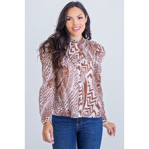 Brown Geo Tribal Button Top