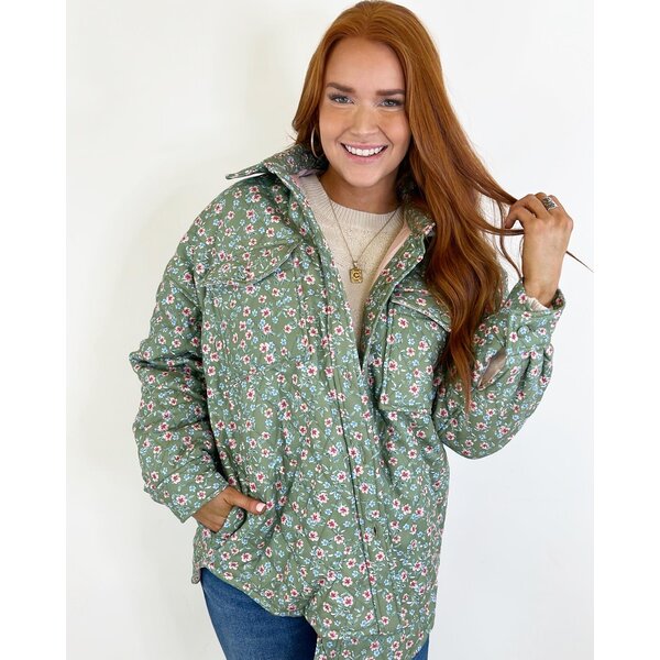  GREEN FLORAL DITZY QUILTED SHACKET