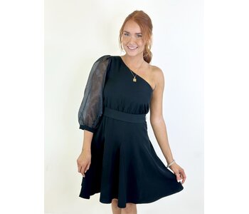 BLACK ONE SHOULDER FLARED DRESS
