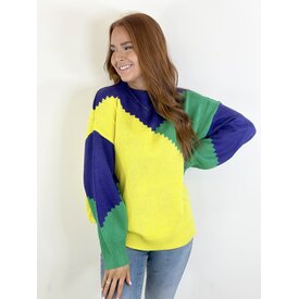 VINE & lOVE CREW COLOR BLOCK MARDI GRAS SWEATER