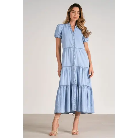 BLUE DENIM WASH MIDI TIERED DRESS