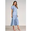 BLUE DENIM WASH MIDI TIERED DRESS