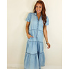 BLUE DENIM WASH MIDI TIERED DRESS