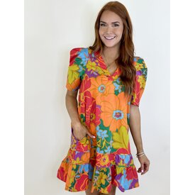  LARGE FLORAL VNECK PUFF SLV DRESS