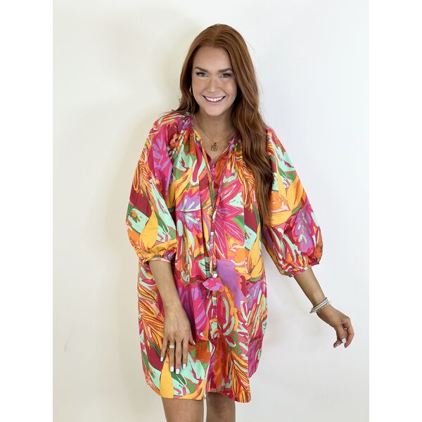  ABSTRACT TROPICAL PALM VNECK DRESS
