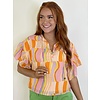 MULTI STRIPE EVNECK RUFFLE TOP