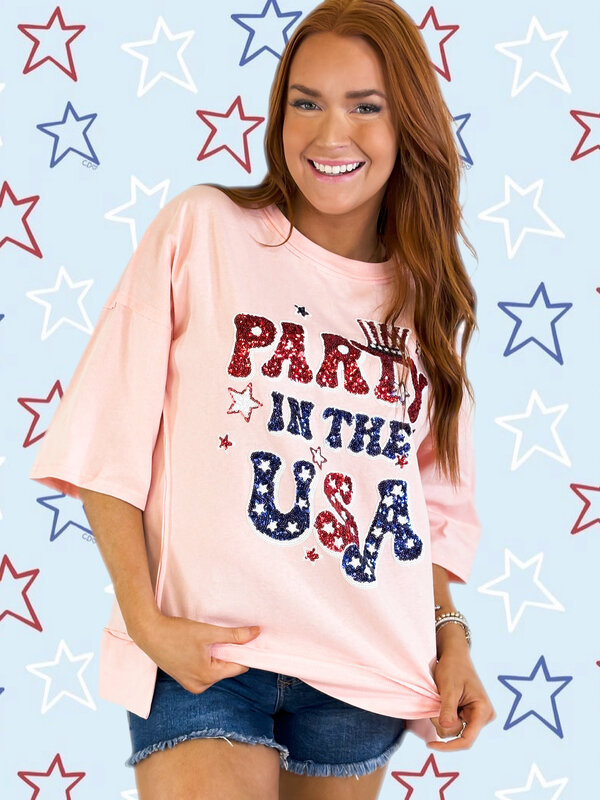 Party In The USA Sequin Top- Peach