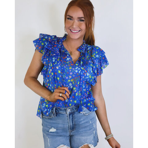 Blue Summer Fruit Ruffle Top