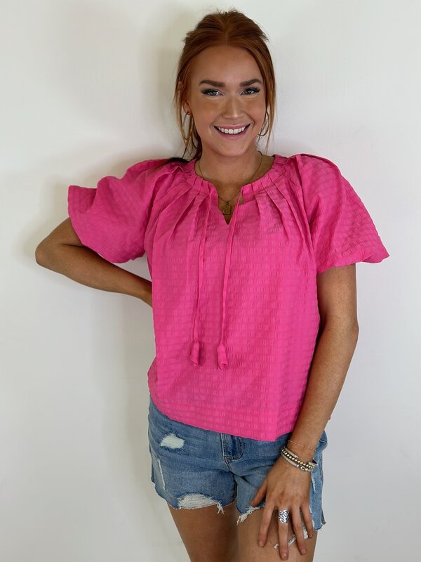 PINK PLEATED PUFF SLEEVE TOP