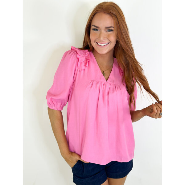  Pink Ruffles Shoulder Top