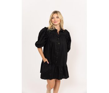 BLACK BUTTON SOLID RUFFLE DRESS