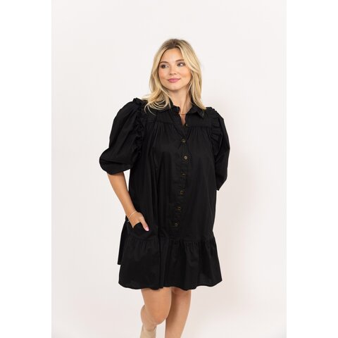 BLACK BUTTON SOLID RUFFLE DRESS