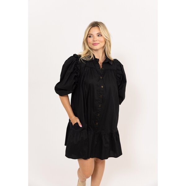  BLACK BUTTON SOLID RUFFLE DRESS