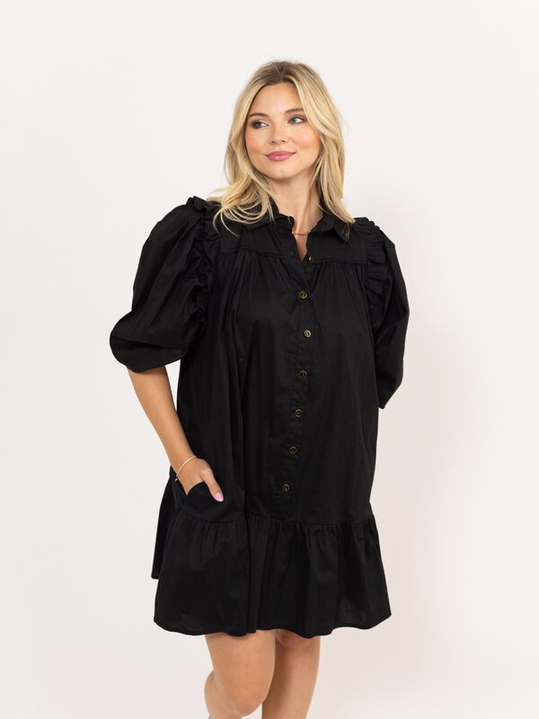 BLACK BUTTON SOLID RUFFLE DRESS