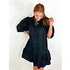 BLACK BUTTON SOLID RUFFLE DRESS