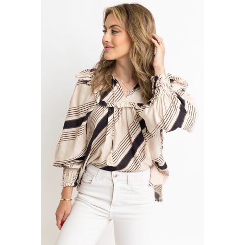 STRIPE RUFFLE PUFF SLV TOP