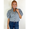 BLUE STRIPE PUFF SLV RUFFLE NECK