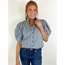  BLUE STRIPE PUFF SLV RUFFLE NECK