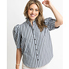 BLUE STRIPE PUFF SLV RUFFLE NECK