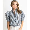 BLUE STRIPE PUFF SLV RUFFLE NECK