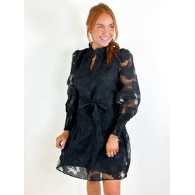  BLACK RUFFLE NECK & HEM DRESS
