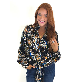  Printed Tie Front Top
