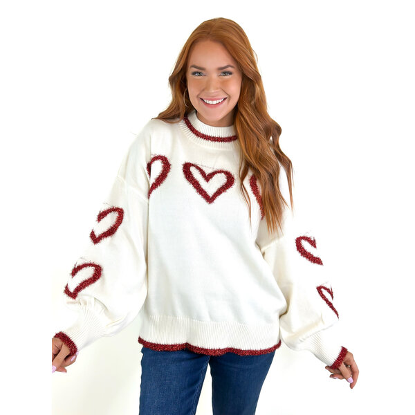  Cream/Red Tinsel Heart Sweater