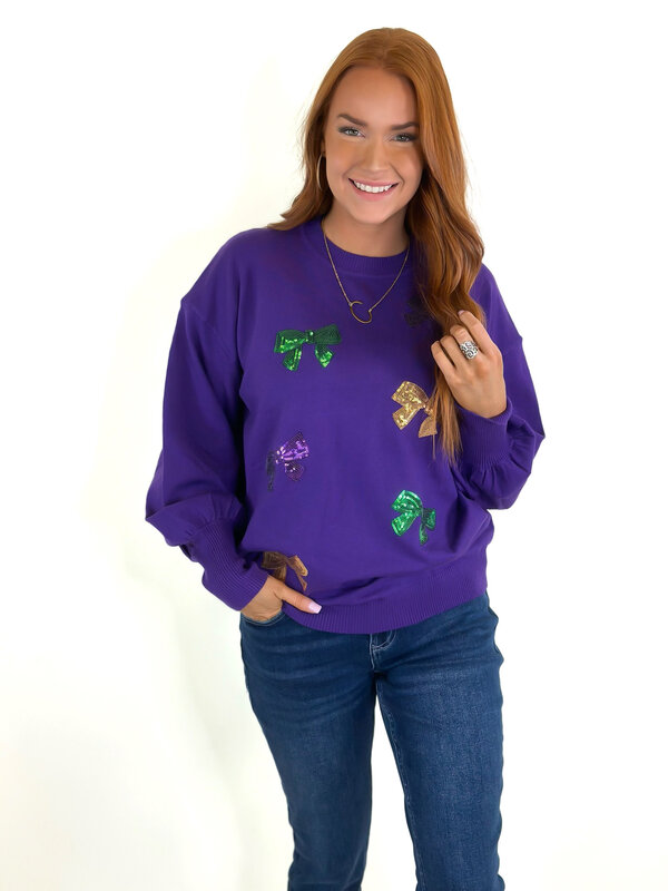 MARDI GRAS BOW SWEATER