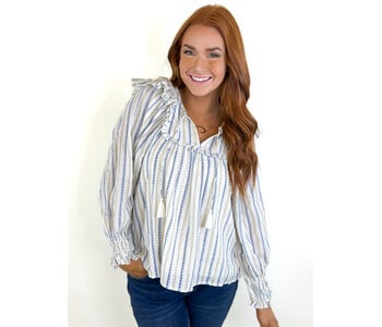 BLUE/ NEUTRAL STRIPE RUFFLE TOP