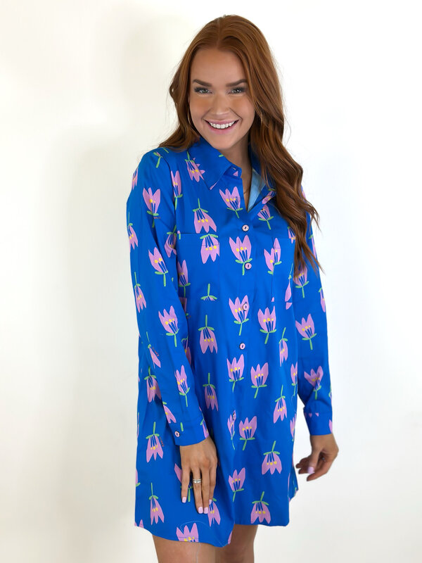 BLUE POPPY POCKET SHIRT DRESS