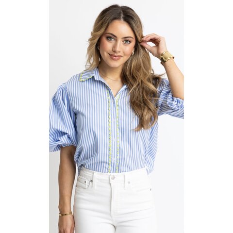 BLUE STRIPE POPLIN TRIM TOP