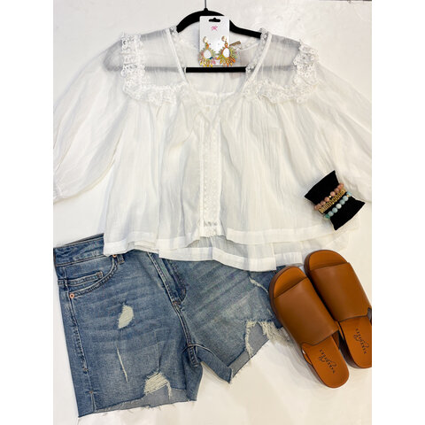 White 1/2 Slv Lace Top