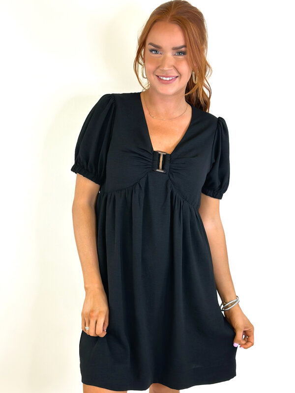 BLACK VNECK RING DRESS