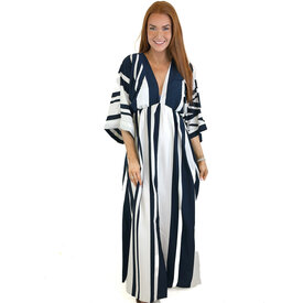  Navy V-Neck Stripe Kimono Maxi