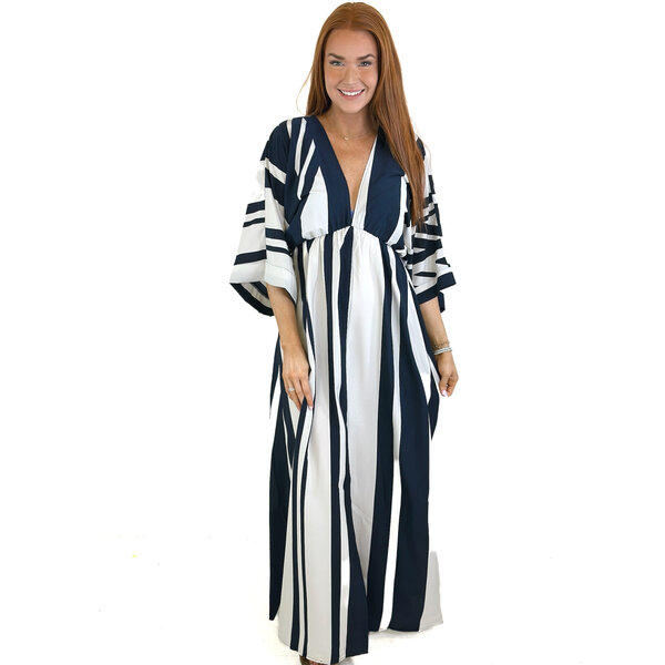  Navy V-Neck Stripe Kimono Maxi