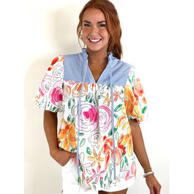  FLORAL STRIPED FRILLED BLOUSE