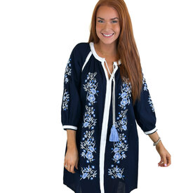  NAVY EMB PEASANT DRESS