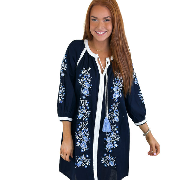  NAVY EMB PEASANT DRESS
