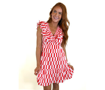 RED MEDLEY RUCHED RUFFLE DRESS