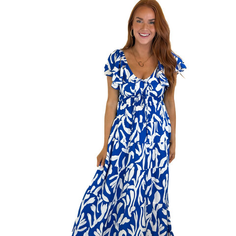 BLUE FLUTTER PRINT TIERED MAXI