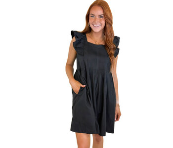 BLACK PIN TUCK RUFFLE DRESS