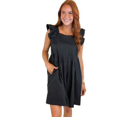 BLACK PIN TUCK RUFFLE DRESS
