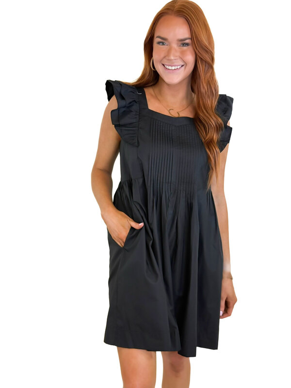 BLACK PIN TUCK RUFFLE DRESS