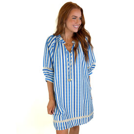  ROYAL STRIPE TRIMMED PEASANT DRESS