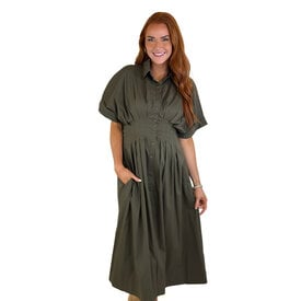  Olive Pleated Bodice Maxi Dress